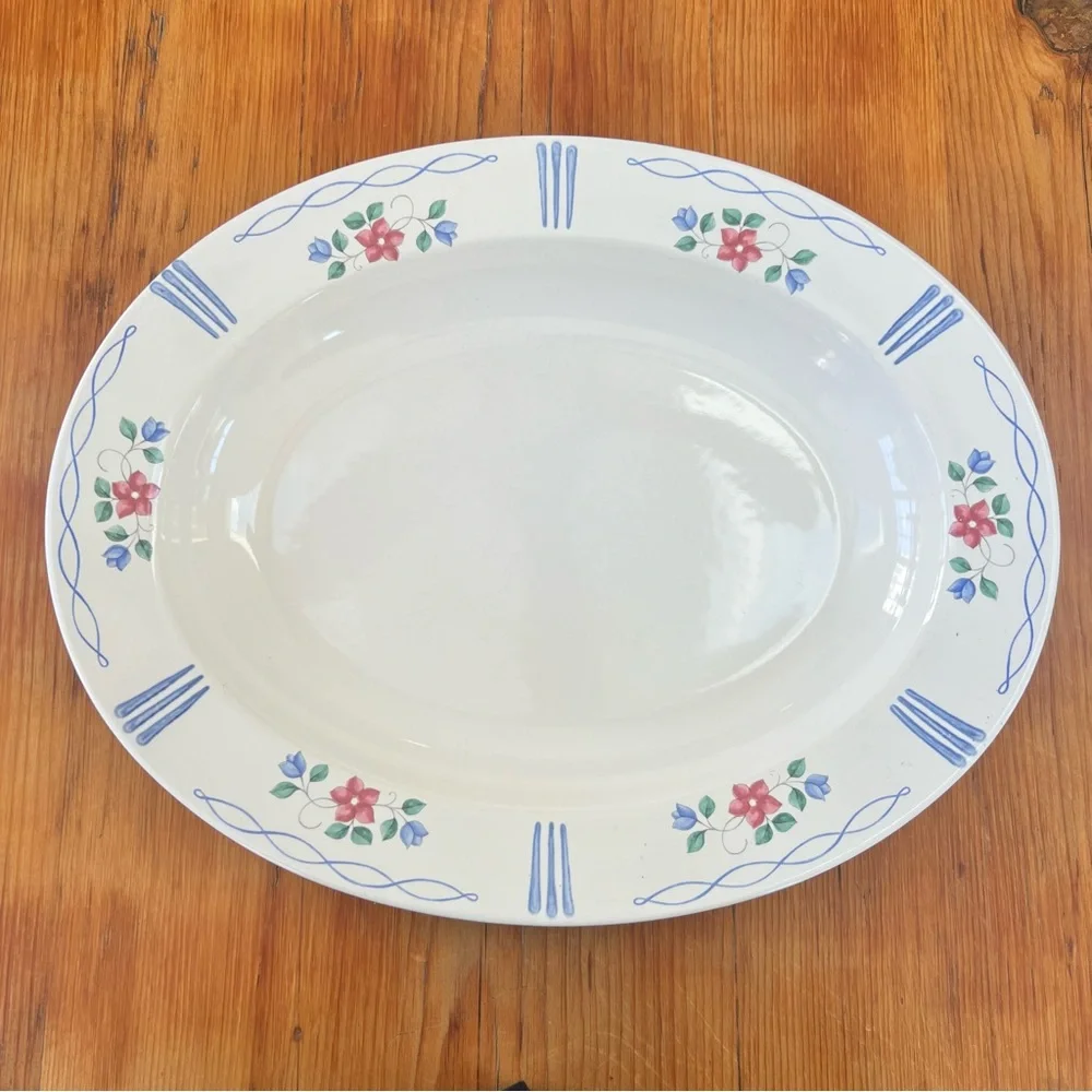Pfaltzgraff Stoneware Vtg Bonnie Brae Deep Serving Platter White Blue Floral